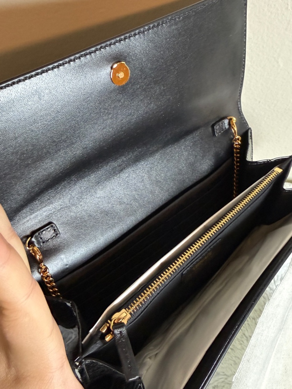 Versace Black Patent Leather Clutch on chain with Gold Medusa Button - Picture 5 of 6